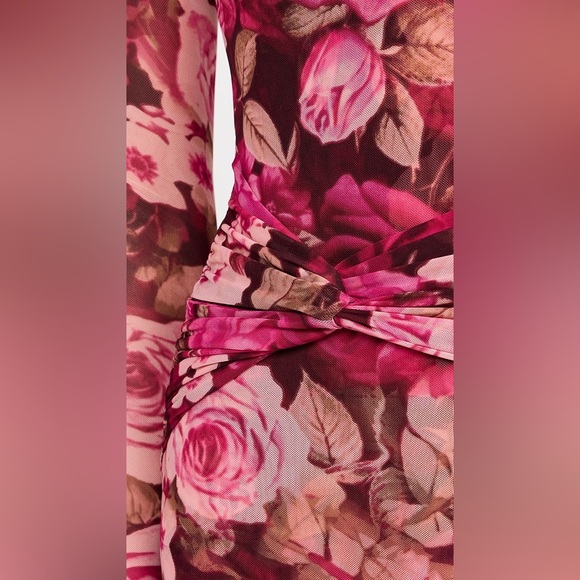 Free People Pink Floral Mesh Gianni Midi Maxi Dress Long Sleeve Ruched Slit XS Free People Pink Floral Mesh Gianni Midi Maxi Dress Long Sleeve Ruched Slit XS